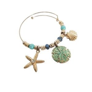 Starfish Sand Dollar Charm Wire Bangle Bracelet Glass Rhinestone Gemstone